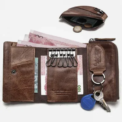 KEY CASE LARGE CAPACITY GENUINE LEATHER TRIFOLD WALLET GB-1013Br